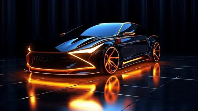 Dark sports car reflecting golden light