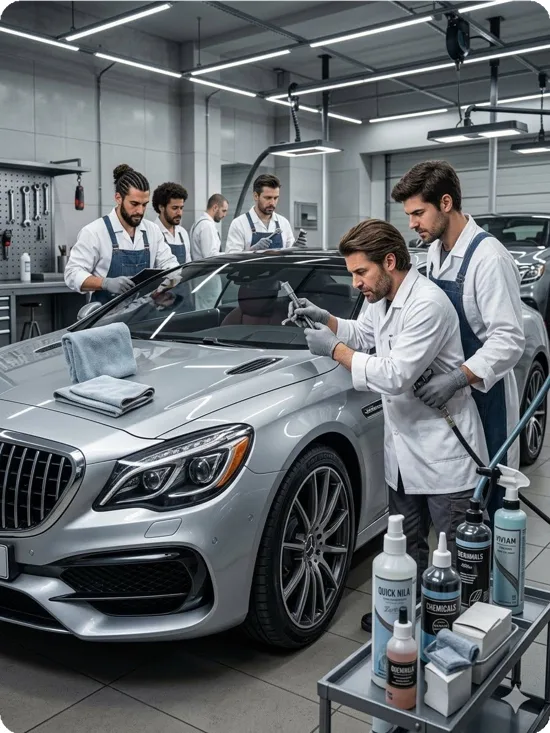Team polishing a silver car in a fitted workshop